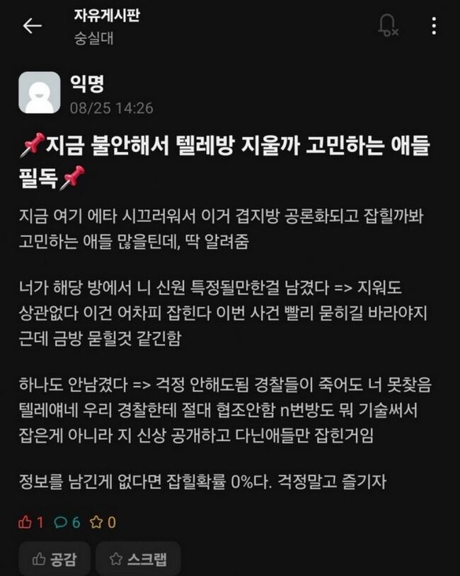 텔레그램 특성상 검거되지 않는다고 자신하는 한 가해자의 글 (사진 : 엑스 캡쳐)