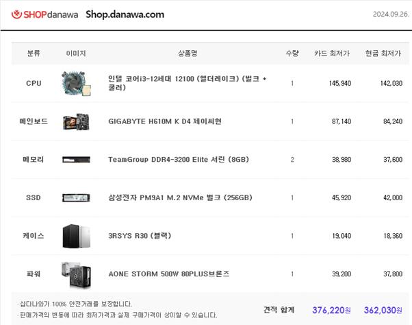 2024. 09.26 기준 샆다나와 인텔 구성 사무용 PC 구성 및 가격 예시