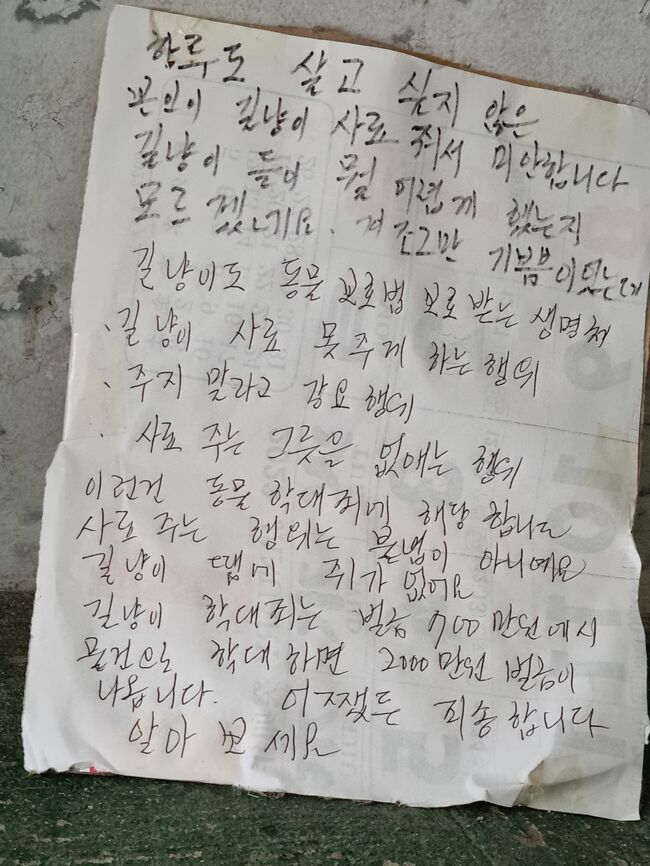 길냥이에게 사료를 주던 봉사자가 사라진 그릇을 보고 남긴 메모 (사진=엑스사용자 '르르')