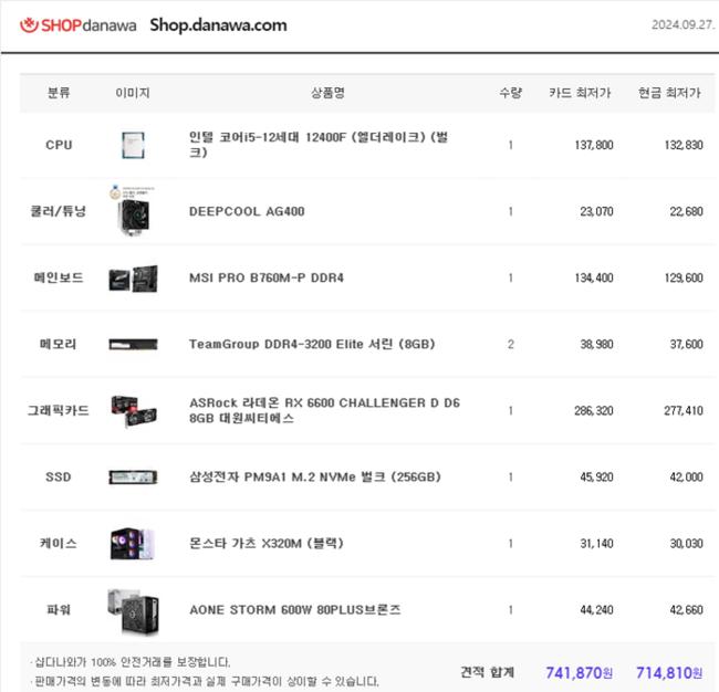 2024. 09.26 기준 샆다나와 인텔 구성 저가형 게이밍 PC 구성 및 가격 예시