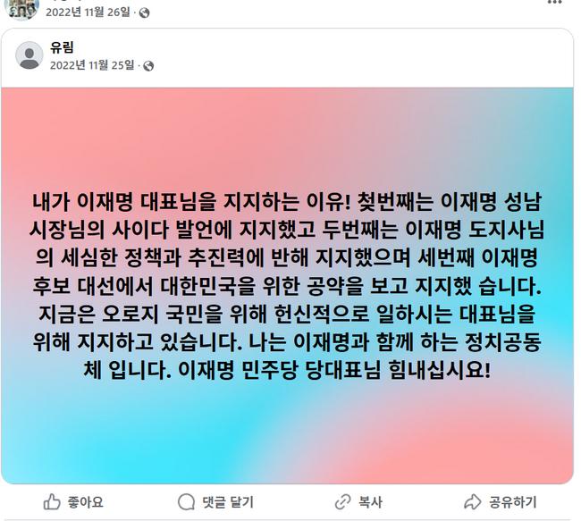 하 증인의 페북에 숱하게 등장하는 절절한 이재명 지지선언 (사진=하동혁 페이스북 캡쳐)