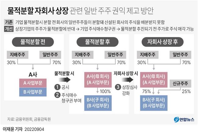 금유위와 금감원이 발표한 '물적분할 자회사 상장 관련 일반 주주 권익 제고 방안. 이 안이 실현된다면 상장 기업의 주주가 물적 분할에 반대할 경우 분할 이전 주가로 주식을 매입할 수 있게 된다. (사진: 연합뉴스)