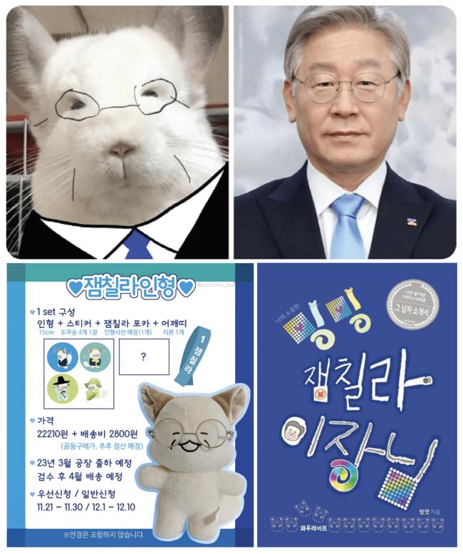 지지자들 사이에서 이재명과 닮았다며 그의 상징 동물로 자리잡은 쥐목 동물 친칠라. '이재명'과 '친칠라'를 합쳐 '잼칠라'로 불린다. (사진=네이버 블로그 @koolap, X @jamchilla_doll, 예스24 캡쳐 )