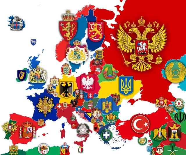 r/europe - Map of Europe (+surroundings) with every country's Coat of Arms/National Emblem