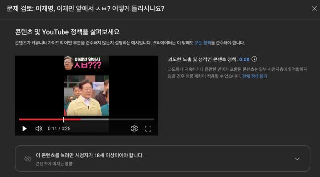 유튜브측은 해당 영상에 대해서 광고게재금지에 이어 만 18세 이상 성인인증 제한 조치를 내렸다 (유튜브 갈무리)
