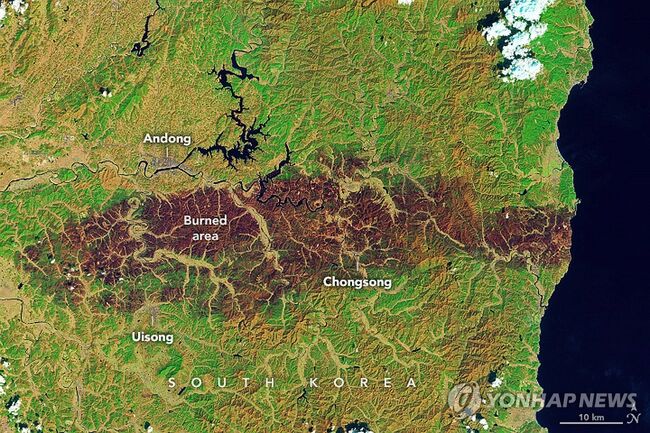 미 항공우주국(NASA·나사) 어스 옵서버토리(Earth Observatory)에 공개된 경북지역 산불 피해지역의 모습. (NASA 어스 옵서버토리 갈무리)