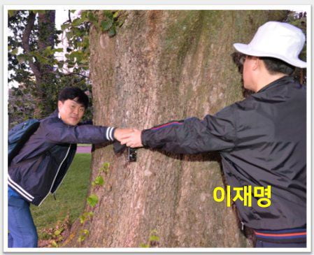 식물원에서 큰 나무를 사이에 두고 손을 맞잡은 이재명 당시 성남시장(뒷모습) 과 고 김문기 성남 도개공 처장. 호주 자연의 거대함을 상징하는 사진. (사진: 이기인 전 성남시의원 제공)
