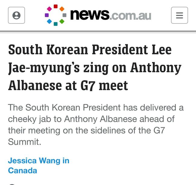 이재명 대통령과 알바네즈 호주 총리의 만남을 전한 news.co m.au의 기사.