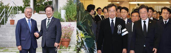 문재인 전 대통령(172cm), 이낙연 전 총리(177cm)와 나란히 선 이재명 대통령의 모습. 만나는 상대에 따라 달라지는 키가 이 대통령의 유연함을 반영한다.