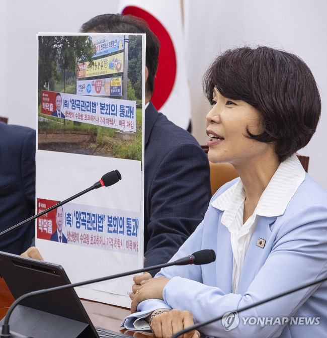 '양곡법 개정안 통과 환영 현수막' 팻말 설명하는 한정애 정책위의장