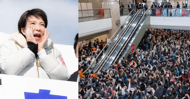 선거 일주일차, 나가노현에서의 거리 유세 중 구급차의 원활한 환자 이송을 위해 마이크를 사용하지 않고 두 손을 모아 유세를 이어가는 다카이치 총리. (왼쪽) 선거 5일차, 가나가와현에서의 연설 후 퇴장하는 총리를 배웅하는 인파. (오른쪽) (사진: 자유민주당 홈페이지)