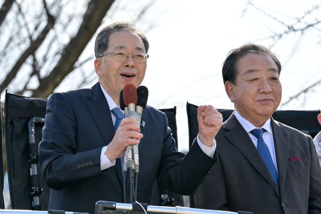 선거 4일차, 아이치현에서의 거리 유세에 나선 사이토 데쓰오 (왼쪽), 노다 요시히코 (오른쪽) 공동대표. (사진: 사이토 데쓰오 공식 X)