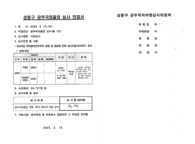 2026년 3월 김재섭 의원실에서 제출받은 PDF 문서. 성별 표시 부분이 가려져 있고, 심사위원의 성만 남기고 이름 부분과 서명 부분이 지워져 있지만 흔적이 남아 있어 그 자리에 서명이 있었음을 추정할 수는 있다.