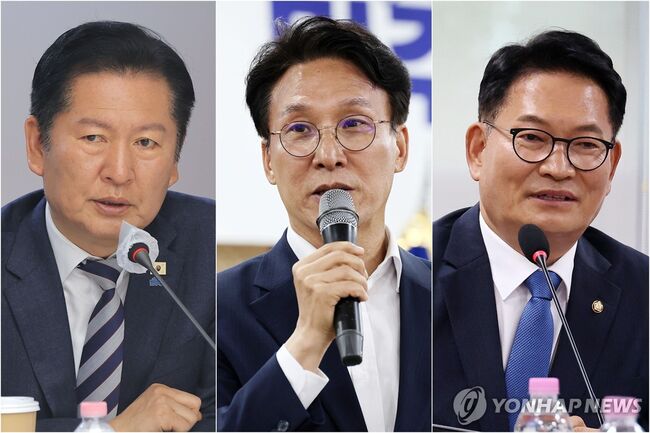 민주당 당권주자들. 정청래 전 대표, 김민석 총리, 송영길 전 대표. (사진: 연합뉴스)