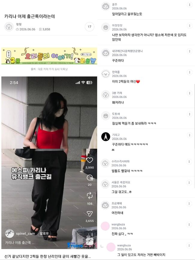 이재명 지지 성향의 다음카페 '우리 동네 목욕탕' 갈무리. 여전히 카리나의 정치 성향을 추측하며 비난하고 있다.