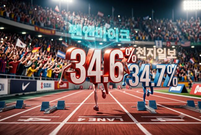 0.1%차이지만 펜앤마이크의 조사가 직전 천지일보의 조사의 최저치를 앞섰다 (팩트파인더 그래픽팀)